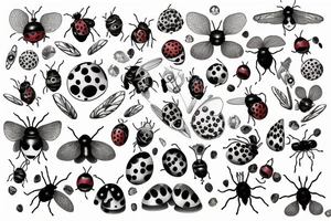 English garden merged with lady bugs, crystals and mushrooms tattoo idea