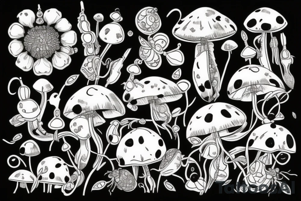 English garden merged with lady bugs, crystals and mushrooms tattoo idea