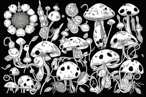 English garden merged with lady bugs, crystals and mushrooms tattoo idea