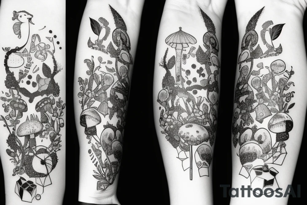 English garden merged with crystals and mushrooms tattoo idea