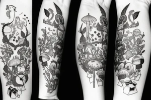 English garden merged with crystals and mushrooms tattoo idea