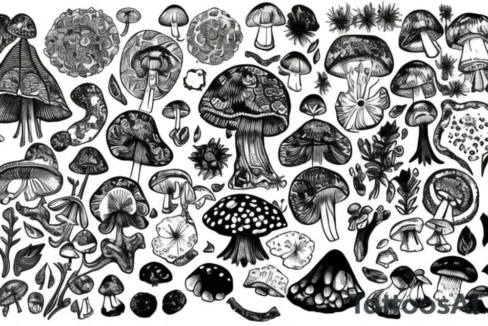 English garden merged with crystals and mushrooms tattoo idea