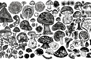 English garden merged with crystals and mushrooms tattoo idea