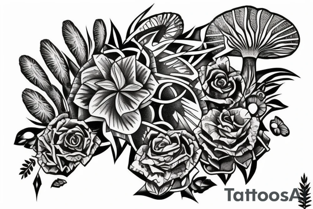 Australian natives merged with crystals and mushrooms tattoo idea