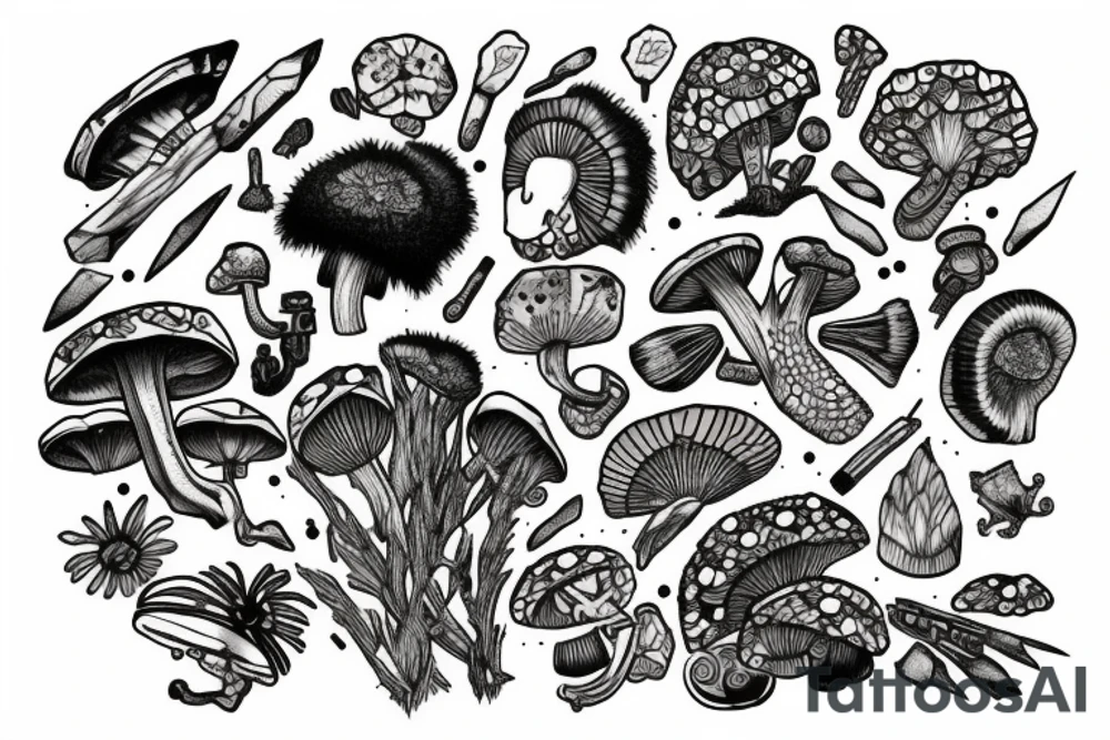 Australian natives merged with crystals and mushrooms tattoo idea
