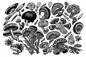 Australian natives merged with crystals and mushrooms tattoo idea