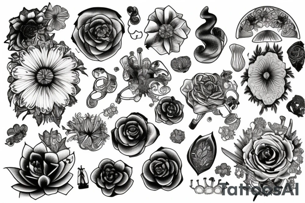 Mystic flowers, crystals and mushrooms tattoo idea