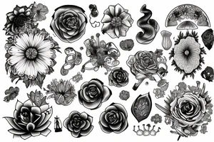 Mystic flowers, crystals and mushrooms tattoo idea