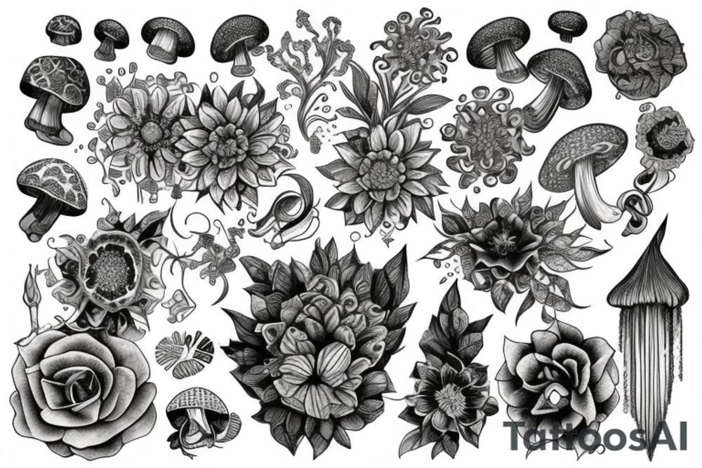 Mystic flowers, crystals and mushrooms tattoo idea