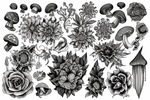 Mystic flowers, crystals and mushrooms tattoo idea