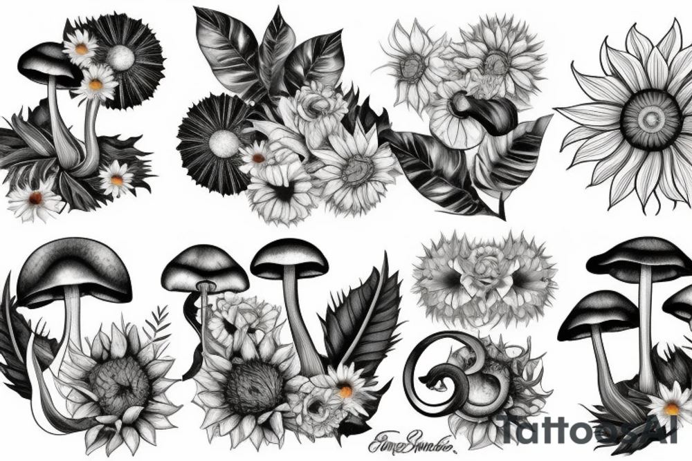 Rose, sunflower and Lilly, monstera and mushrooms merged tattoo idea