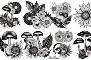 Rose, sunflower and Lilly, monstera and mushrooms merged tattoo idea