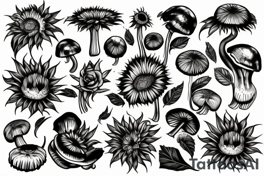 Rose, sunflower and Lilly, monstera and mushrooms merged tattoo idea
