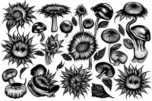 Rose, sunflower and Lilly, monstera and mushrooms merged tattoo idea