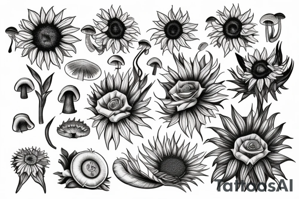 Rose, sunflower and Lilly, monstera and mushrooms merged tattoo idea
