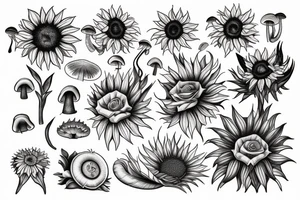 Rose, sunflower and Lilly, monstera and mushrooms merged tattoo idea