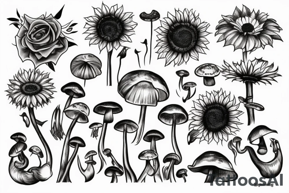 Rose, sunflower and Lilly, monstera and mushrooms merged tattoo idea