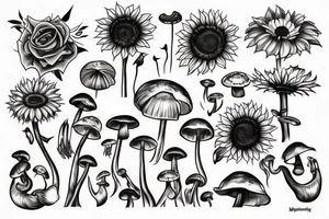 Rose, sunflower and Lilly, monstera and mushrooms merged tattoo idea