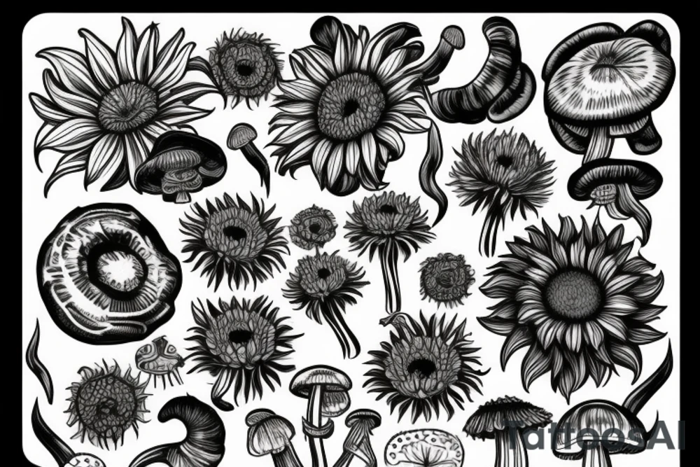 Rose, sunflower and Lilly, monstera plant and dandelions and mushrooms merged tattoo idea