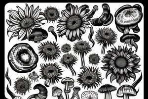 Rose, sunflower and Lilly, monstera plant and dandelions and mushrooms merged tattoo idea
