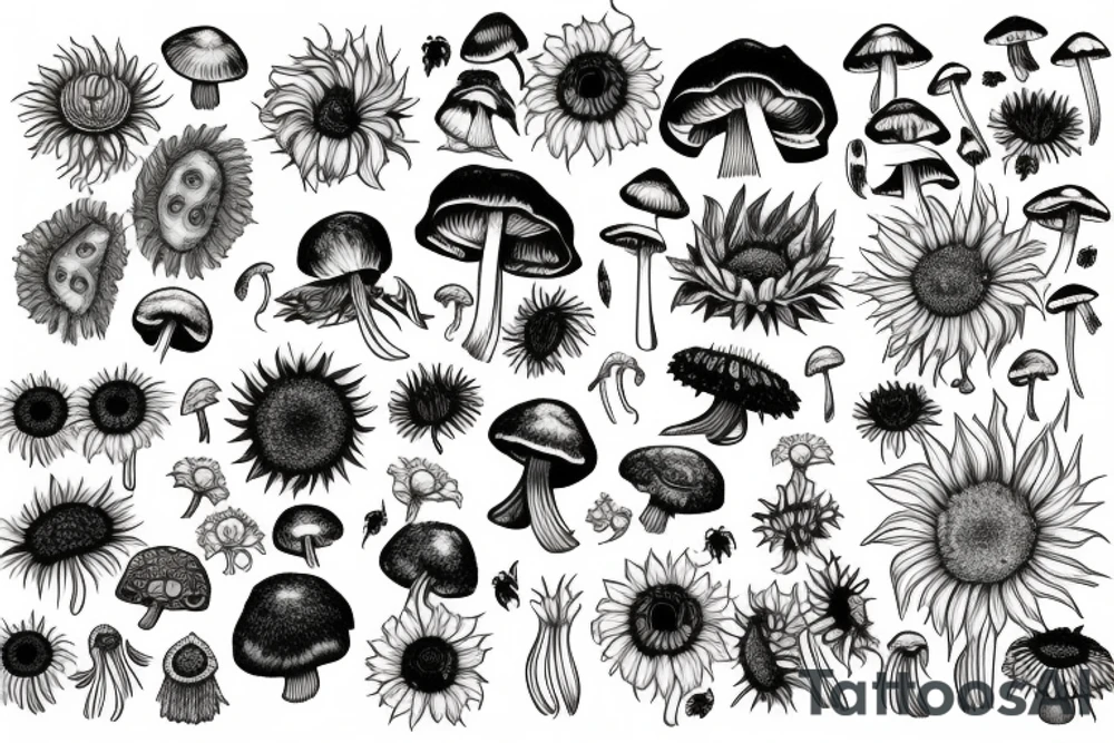 Rose, sunflower and Lilly, monstera plant and dandelions and mushrooms merged tattoo idea