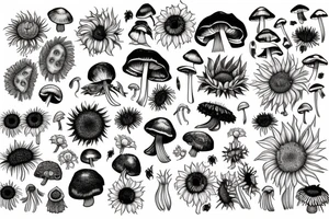 Rose, sunflower and Lilly, monstera plant and dandelions and mushrooms merged tattoo idea