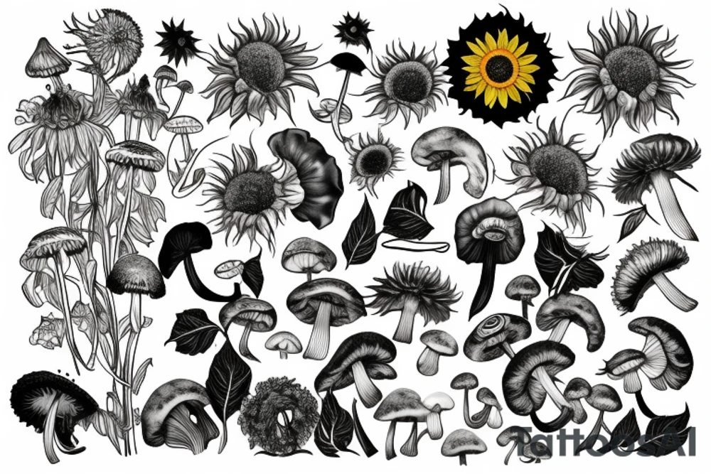 Rose, sunflower and Lilly, monstera plant and dandelions and mushrooms merged tattoo idea