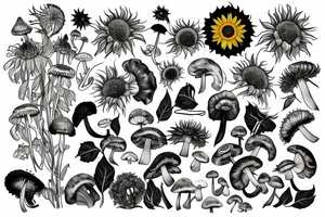 Rose, sunflower and Lilly, monstera plant and dandelions and mushrooms merged tattoo idea