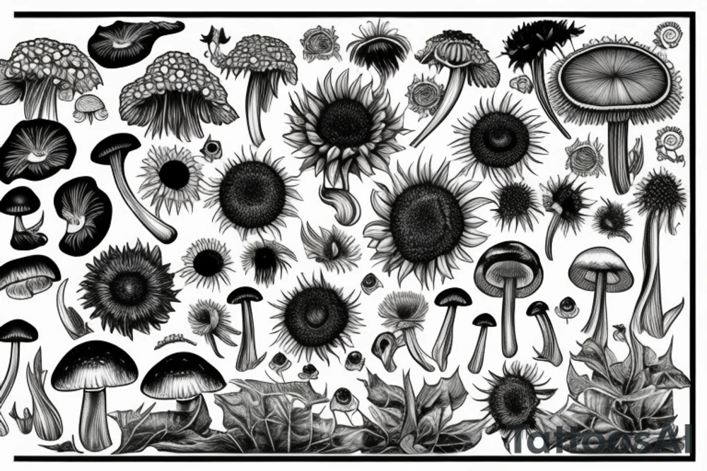 Rose, sunflower and Lilly, monstera plant and dandelions and mushrooms merged tattoo idea