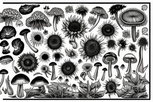 Rose, sunflower and Lilly, monstera plant and dandelions and mushrooms merged tattoo idea