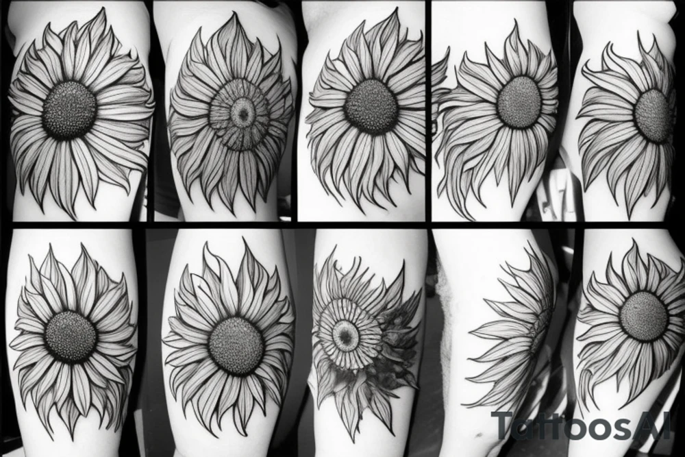 Coneflower,
sunflower and Lilly, monstera plant and dandelions and mushrooms merged tattoo idea
