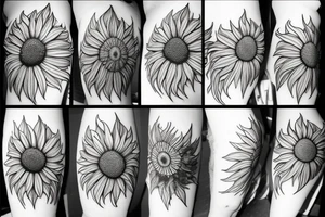 Coneflower, 
sunflower and Lilly, monstera plant and dandelions and mushrooms merged tattoo idea
