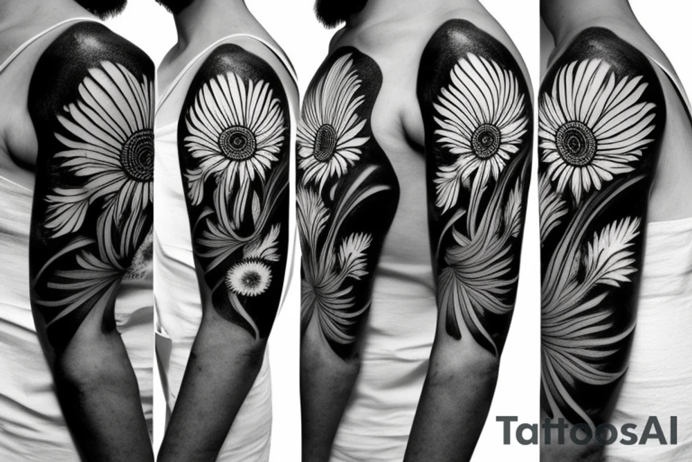 Coneflower,
sunflower and Lilly, monstera plant and dandelions and mushrooms merged tattoo idea