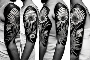 Coneflower, 
sunflower and Lilly, monstera plant and dandelions and mushrooms merged tattoo idea