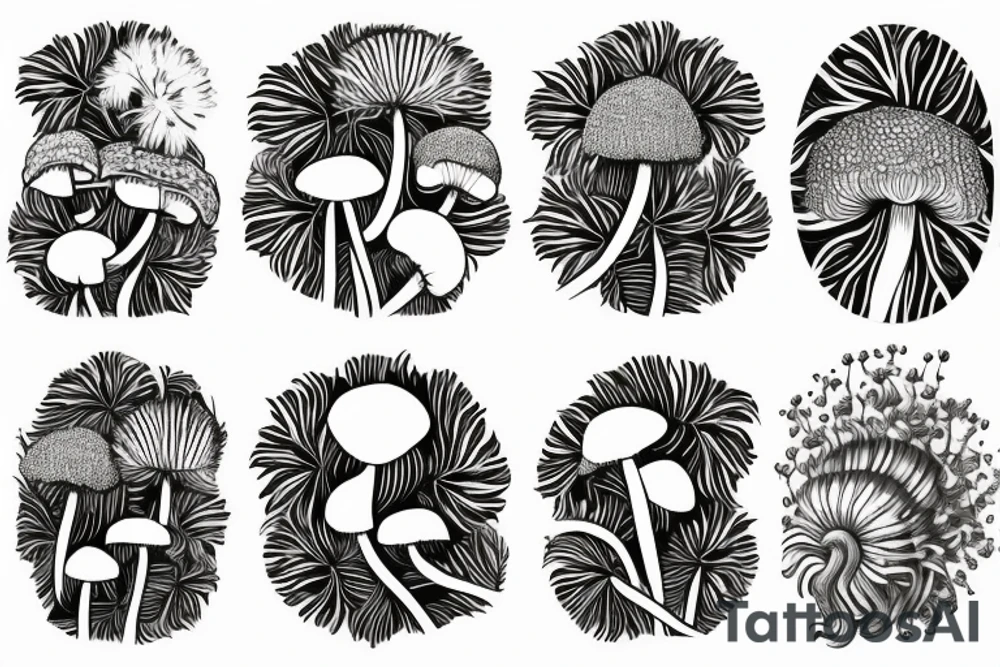 monstera plant and dandelions and mushrooms merged tattoo idea