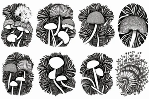 monstera plant and dandelions and mushrooms merged tattoo idea