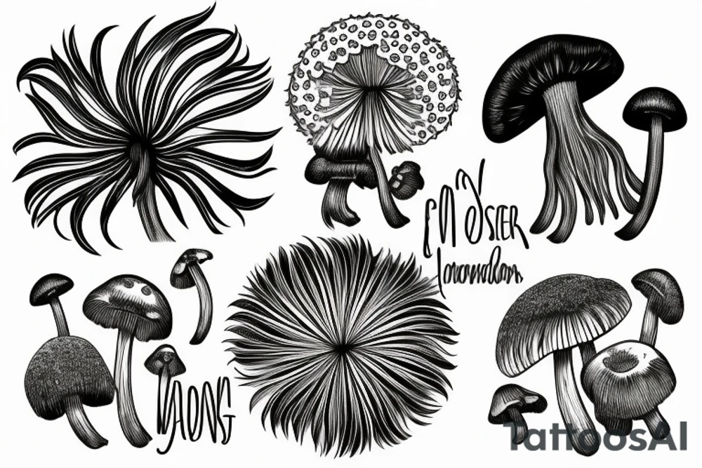 monstera plant and dandelions and mushrooms merged tattoo idea