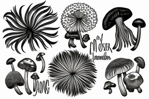 monstera plant and dandelions and mushrooms merged tattoo idea