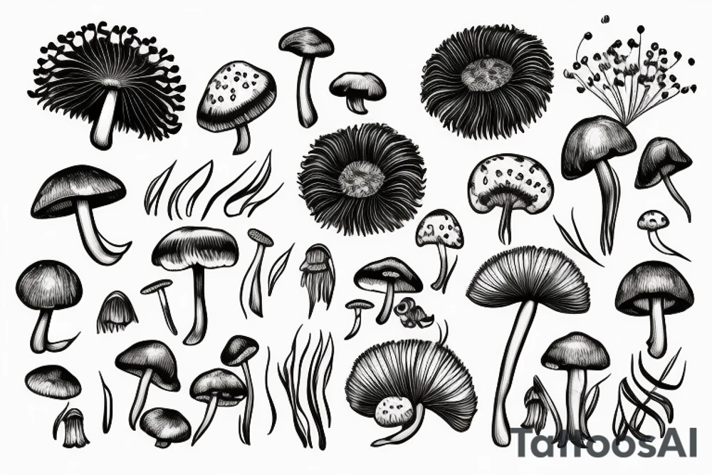 monstera plant and dandelions and mushrooms merged tattoo idea