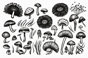 monstera plant and dandelions and mushrooms merged tattoo idea