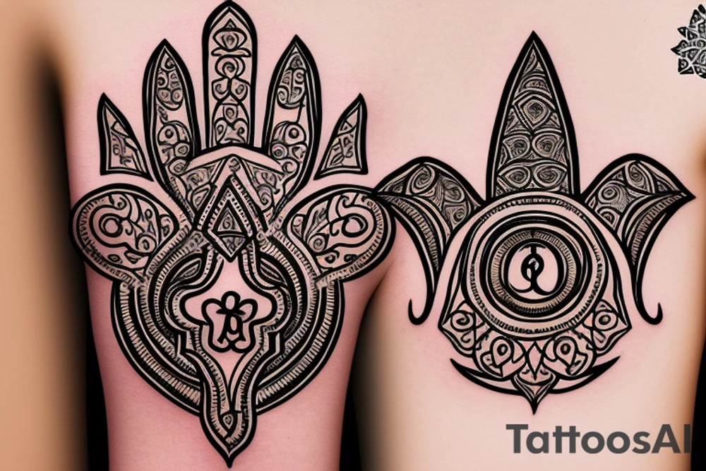 a Hamsa hand with the other symbols incorporated into the design: This tattoo could feature a large Hamsa hand in the center, with the elephant, seven-petal lotus, chakra symbols, and trinity knot incorporated into the overall design. tattoo idea