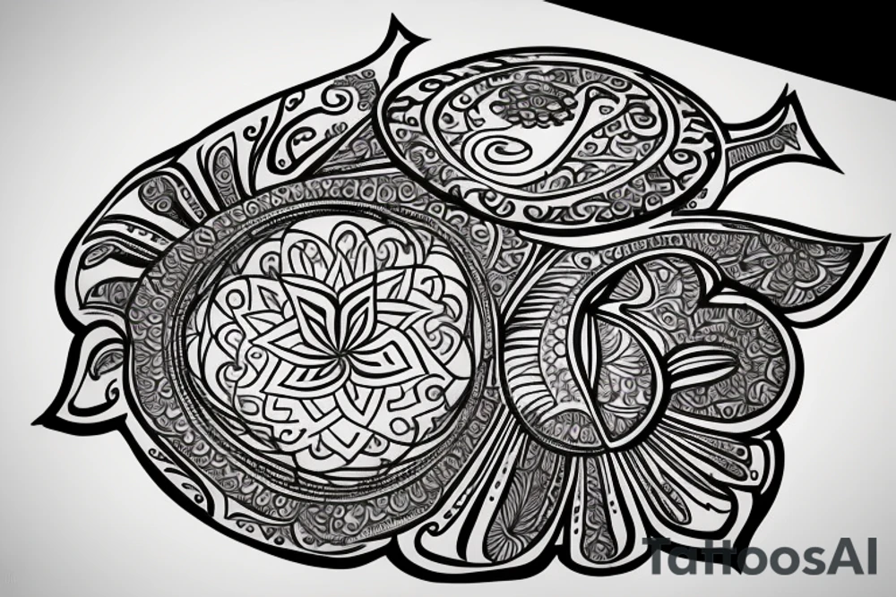 a Hamsa hand with the other symbols incorporated into the design: This tattoo could feature a large Hamsa hand in the center, with the elephant, seven-petal lotus, chakra symbols, and trinity knot incorporated into the overall design. tattoo idea