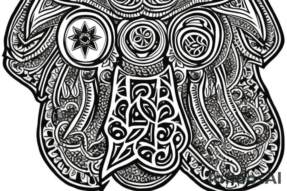 a Hamsa hand with the other symbols incorporated into the design: This tattoo could feature a large Hamsa hand in the center, with the elephant, seven-petal lotus, chakra symbols, and trinity knot incorporated into the overall design. tattoo idea