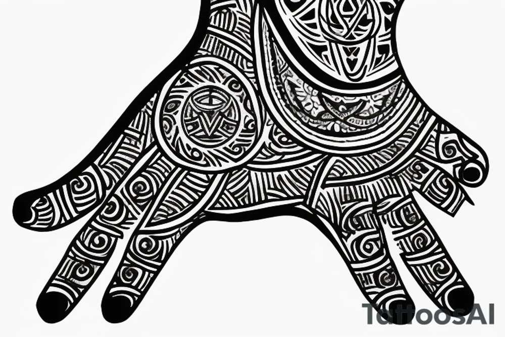 a Hamsa hand with the other symbols incorporated into the design: This tattoo could feature a large Hamsa hand in the center, with the elephant, seven-petal lotus, chakra symbols, and trinity knot incorporated into the overall design. tattoo idea