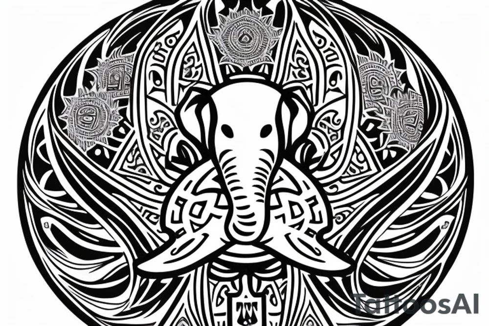 a large Hamsa hand in the center, with the elephant, seven-petal lotus, chakra symbols, and trinity knot incorporated into the overall design. tattoo idea
