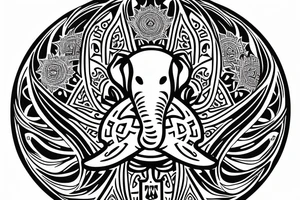 a large Hamsa hand in the center, with the elephant, seven-petal lotus, chakra symbols, and trinity knot incorporated into the overall design. tattoo idea
