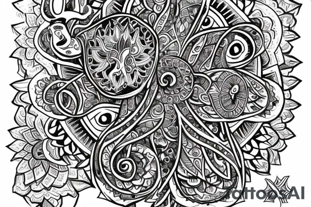 a large Hamsa hand in the center, with the elephant, seven-petal lotus, chakra symbols, and trinity knot incorporated into the overall design. tattoo idea