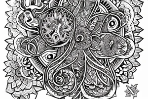 a large Hamsa hand in the center, with the elephant, seven-petal lotus, chakra symbols, and trinity knot incorporated into the overall design. tattoo idea