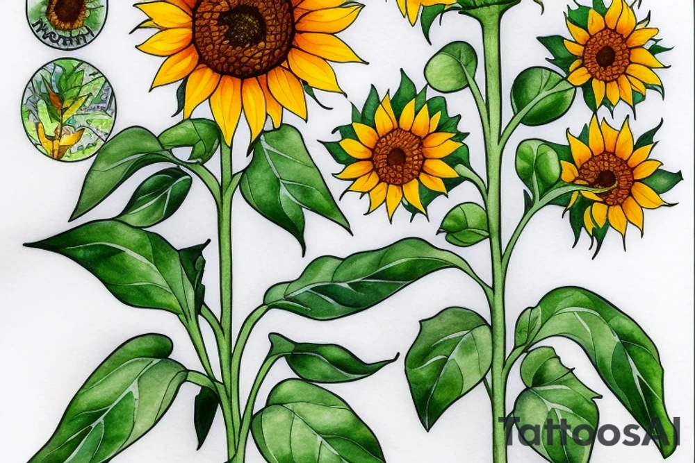 Sunflower with mom on the stem, 1961 on the left leaf and 2020 on the right leaf tattoo idea