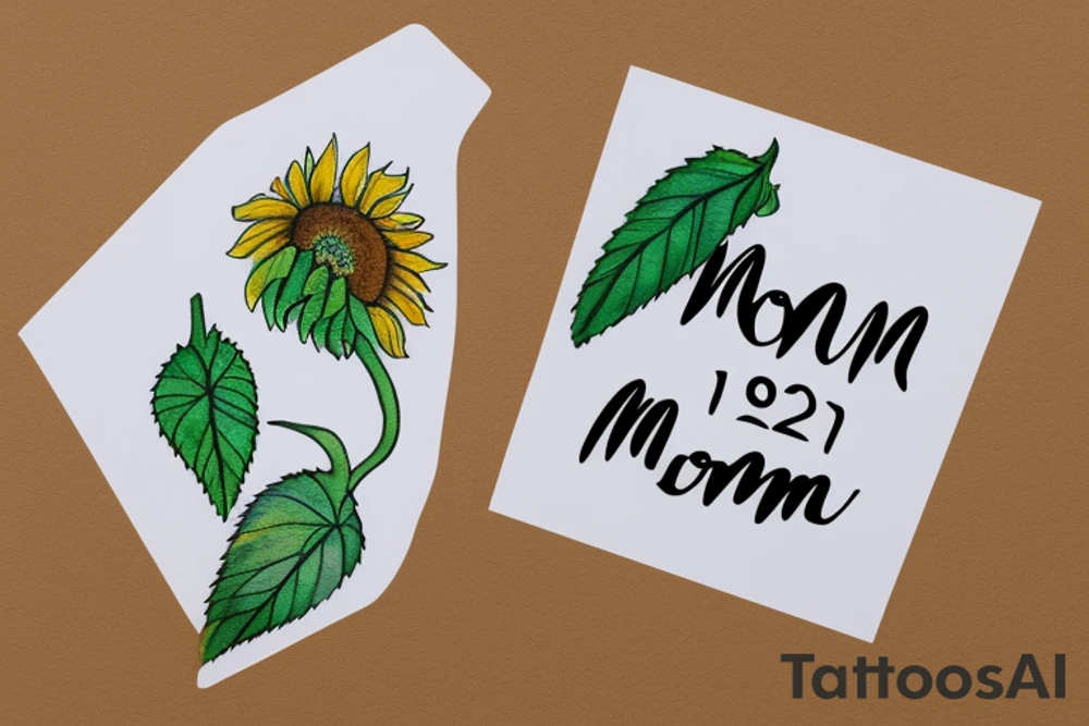 Single sunflower with 2 leaves, “mom” written on the stem, “1961” on the left leaf and “2020” on the right lead tattoo idea